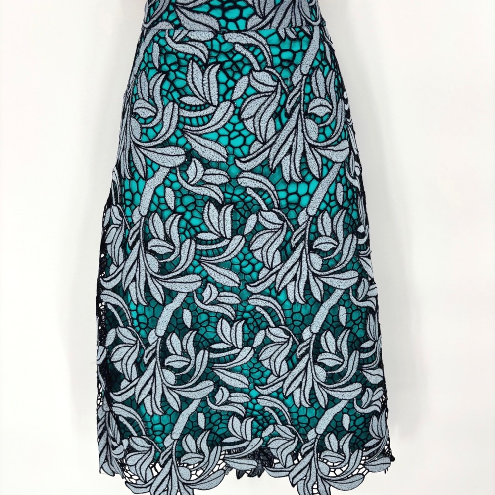 Maeve Anthropologie Teal Blue Black White Lace Pencil Midi Skirt Size 12